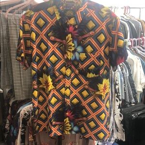 Retro Bloom Yellow and Blue Casual Button Down Shirt with Geometric Flair